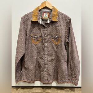 PanHandle Brown and Gold Western Shirt pearlized snaps embroidery farm cowboy